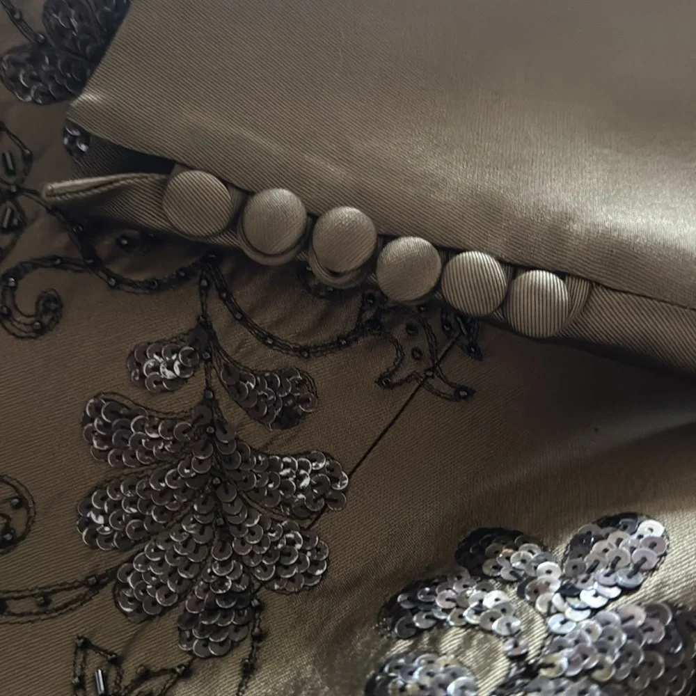 Solini Collections Sz 18 beaded two piece skirt and blazer olive green sheen set
